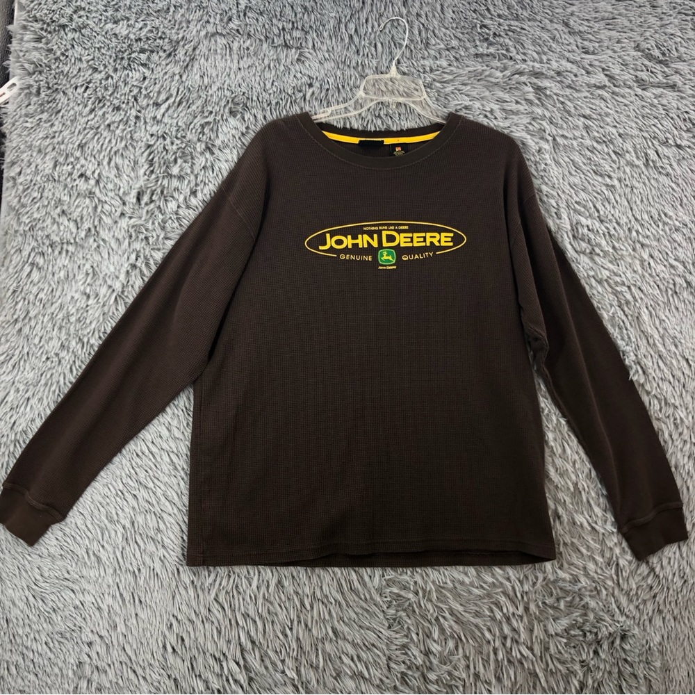 John Deere Shirt Mens Large Brown Waffle Knit Spellout Tractor Long Sleeve